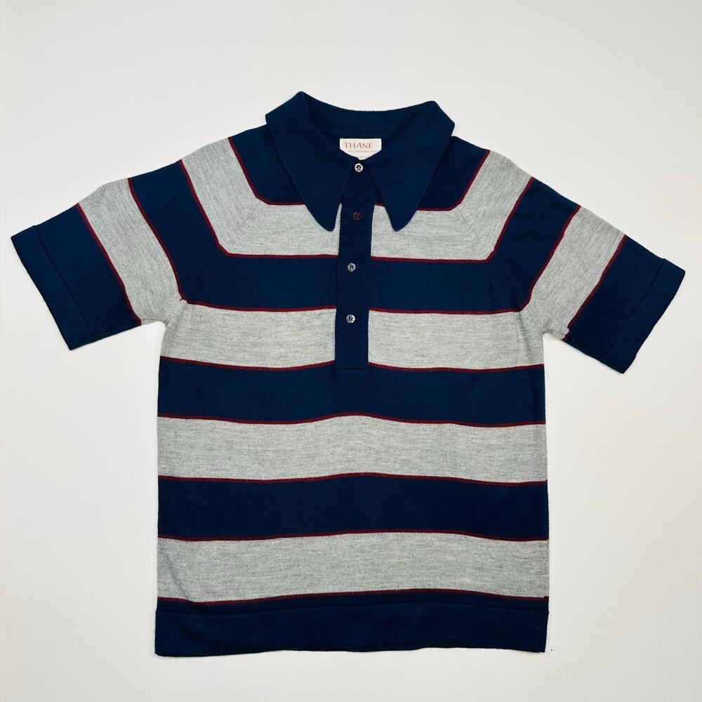 Vintage 1970’s Thane Orlon Acrylic Striped Short Sleeve Polo Sweater Size Medium